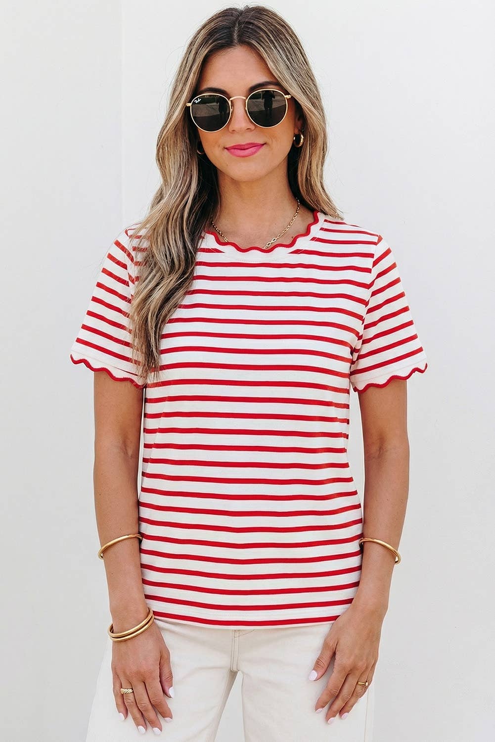 Stripe Scalloped Trim Top