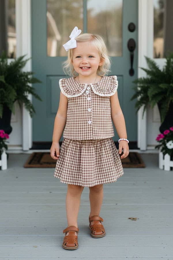 Girl’s brown plaid top & skirt set