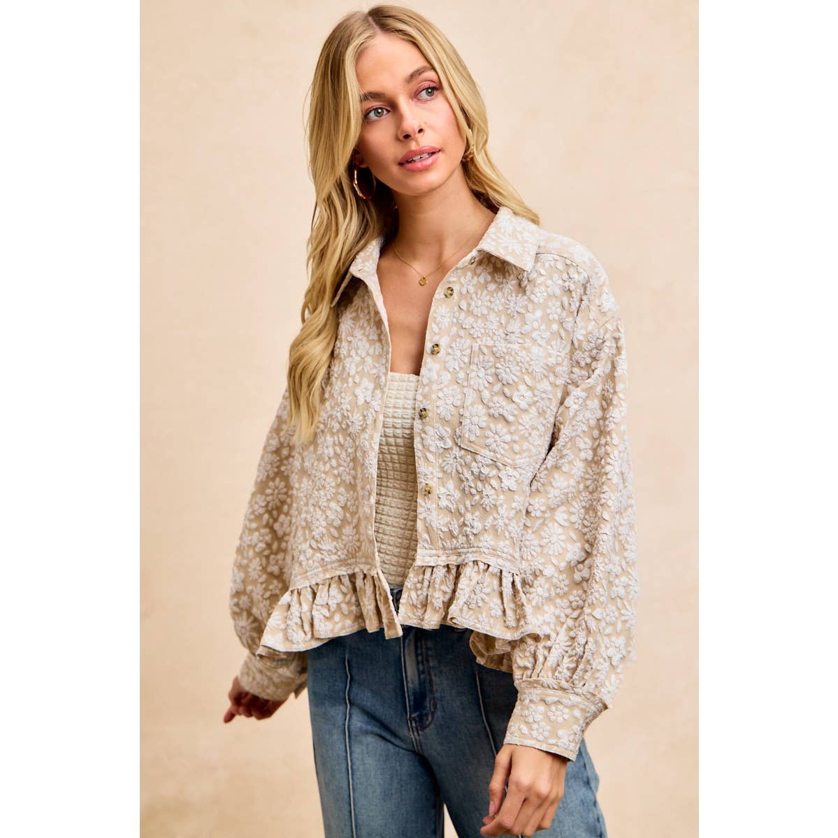 TEXTURED FLORAL PATTERN RUFFLED HEM TOP