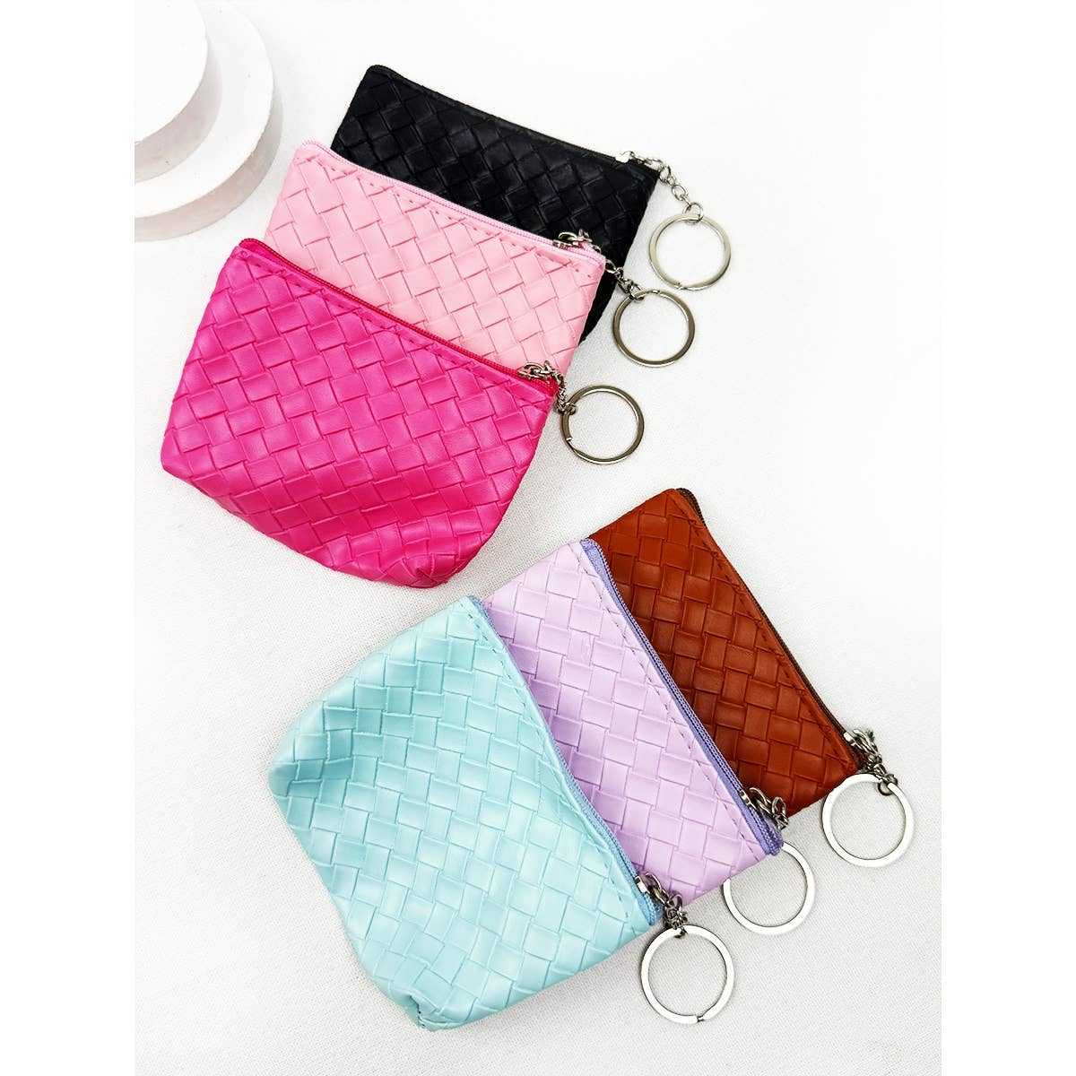 Weave Pattern Detail Coin Purse with Key Ring