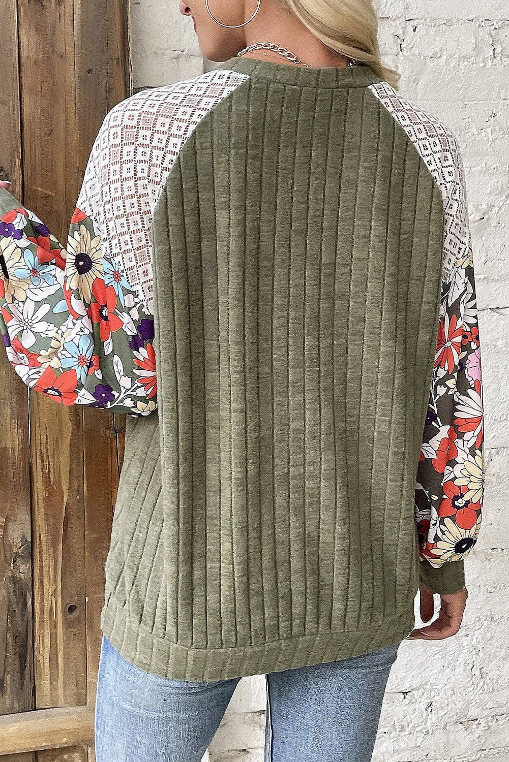 Olive Green Floral Patchwork Long Sleeve Ribbed Blouse