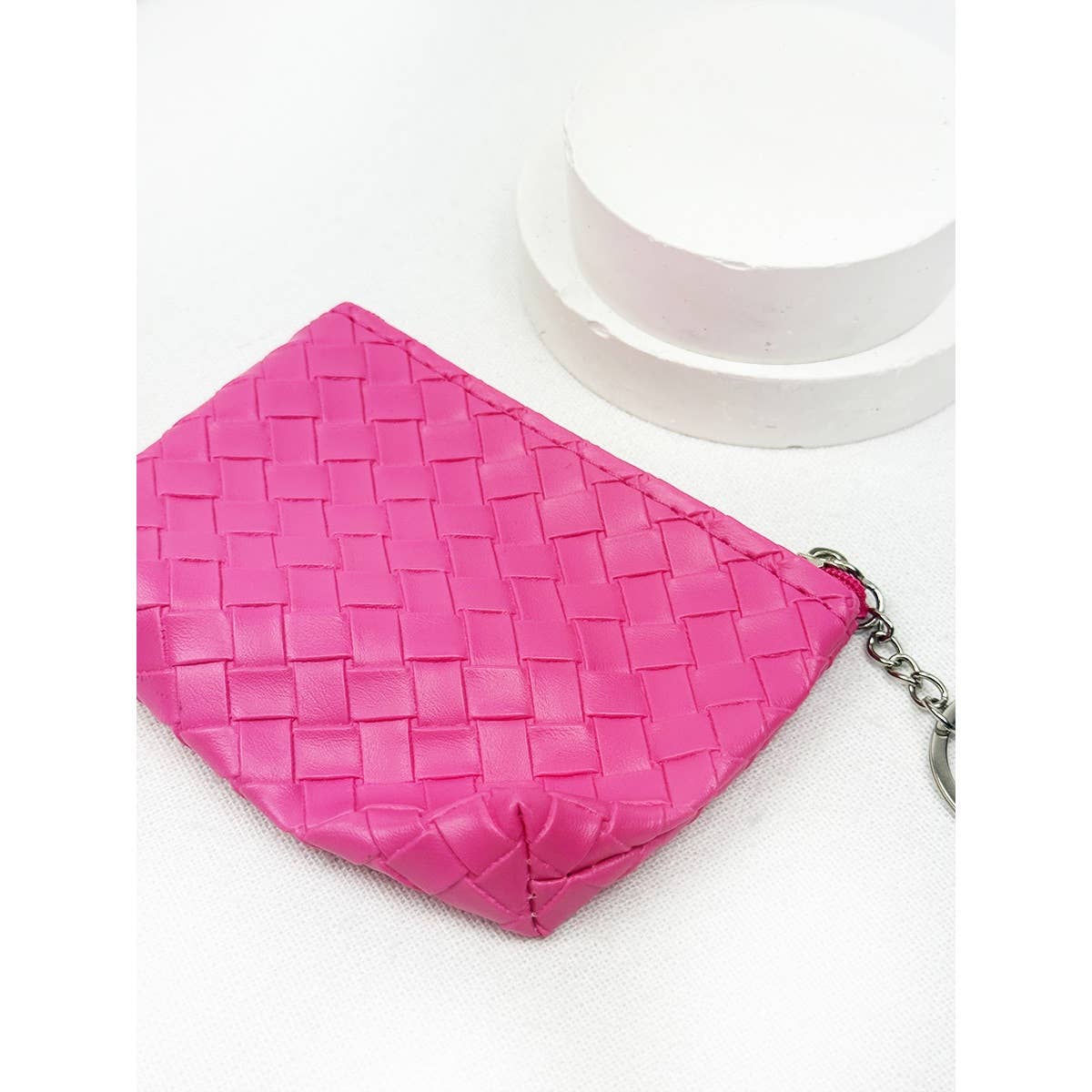 Weave Pattern Detail Coin Purse with Key Ring