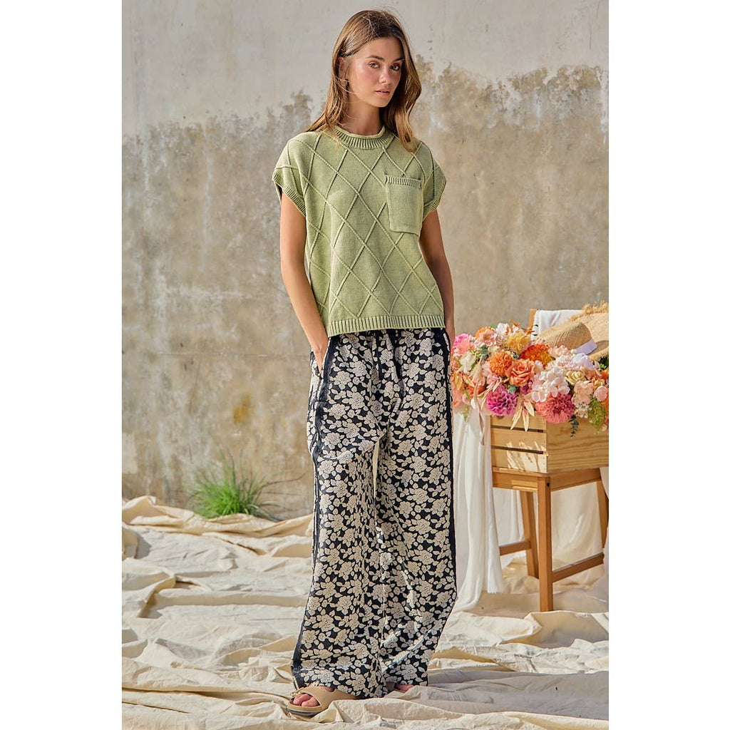 Floral Jacquard Side Trim Wide Pants