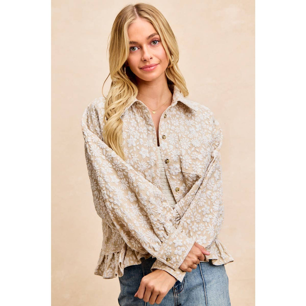 TEXTURED FLORAL PATTERN RUFFLED HEM TOP
