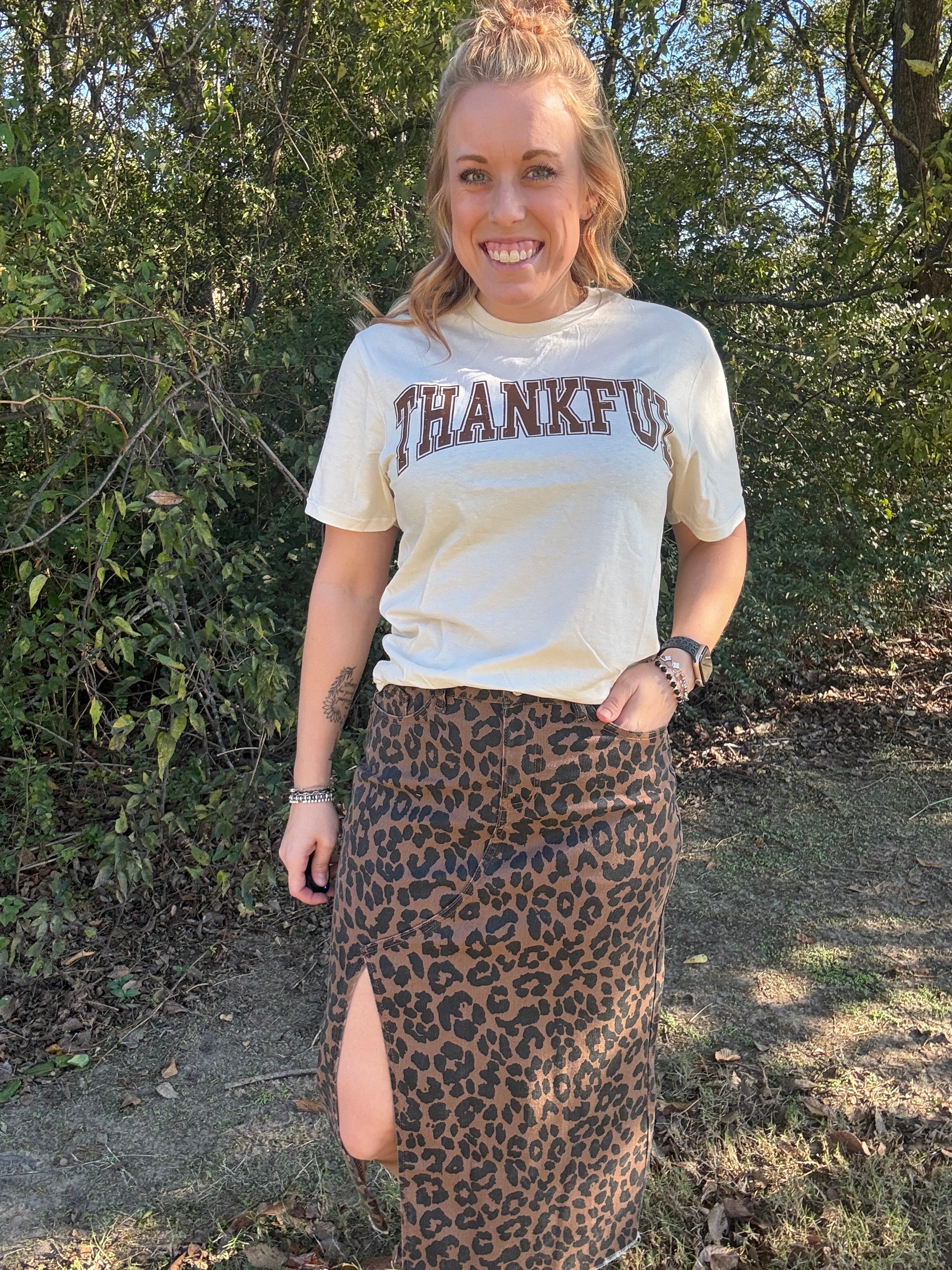Leopard Denim Frayed Split Midi Skirt