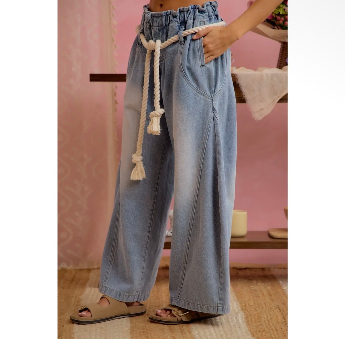 Washed Barrel Leg Gathered Elastic Waist