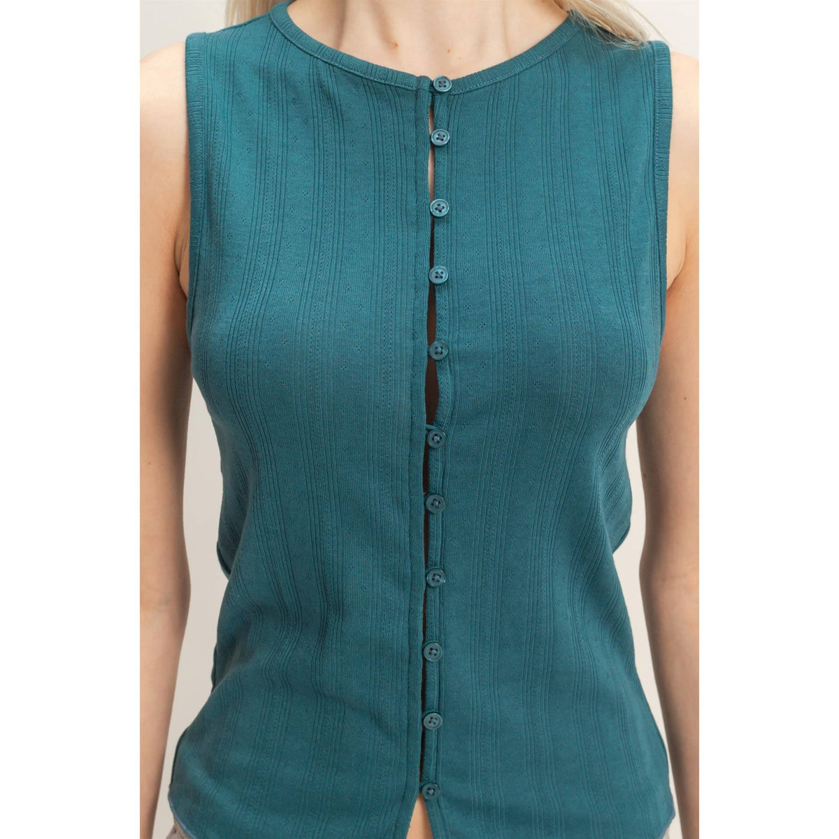 Sleeveless Pointelle Button Top