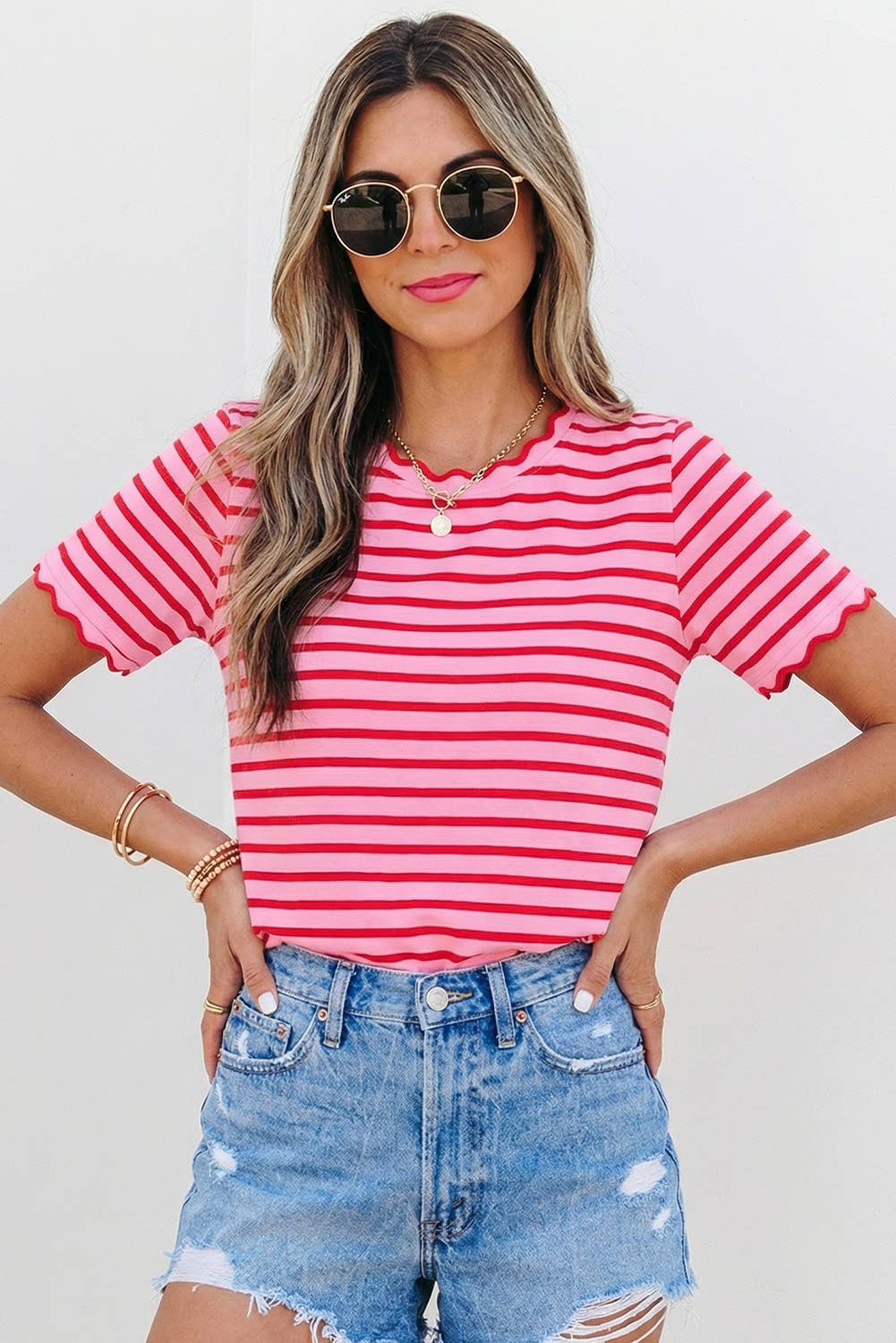 Stripe Scalloped Trim Top