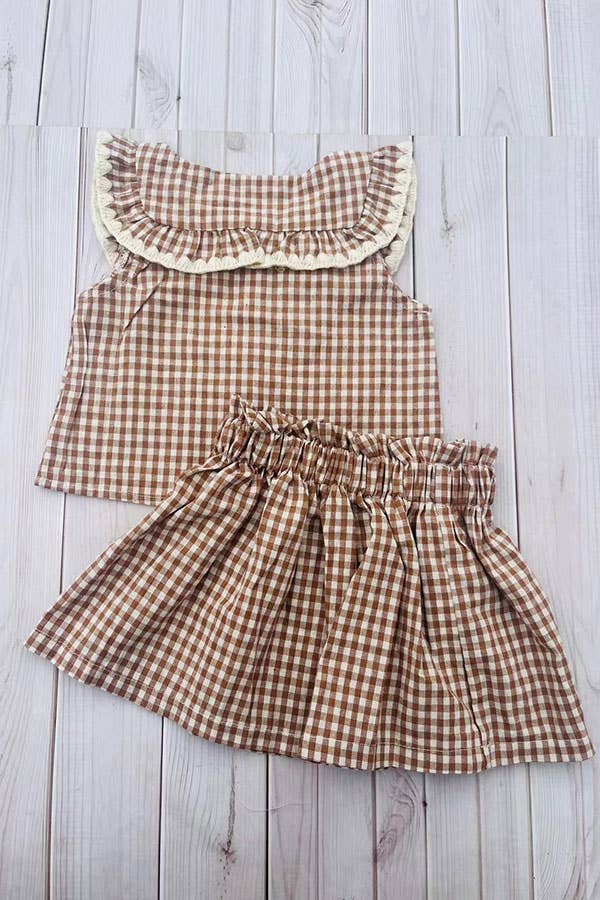 Girl’s brown plaid top & skirt set