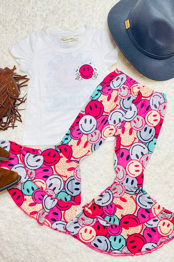 Smiley face printed top & double ruffle pant set