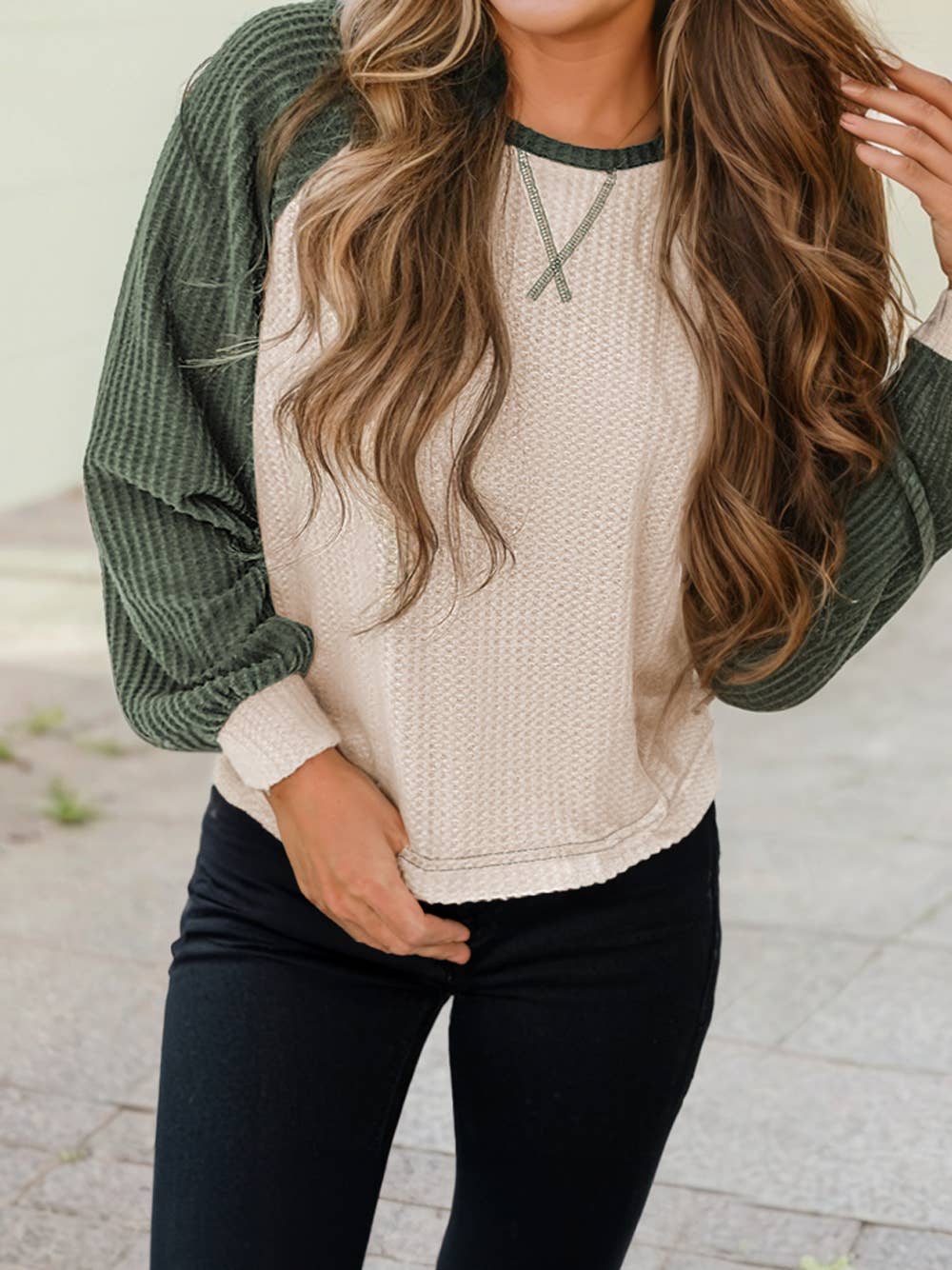 Waffle Color Block Raglan Sleeve Top
