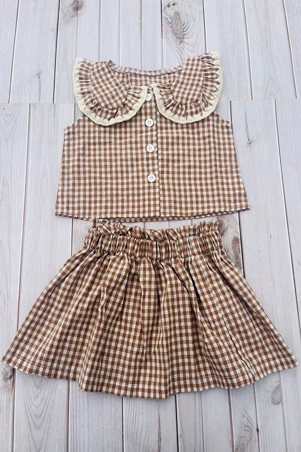 Girl’s brown plaid top & skirt set