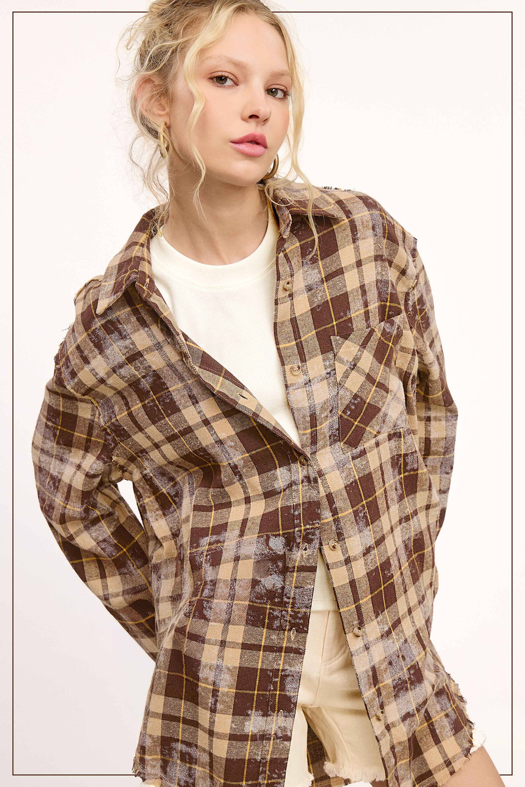 Plaid Acid Wash Rough Edge Button Down Top