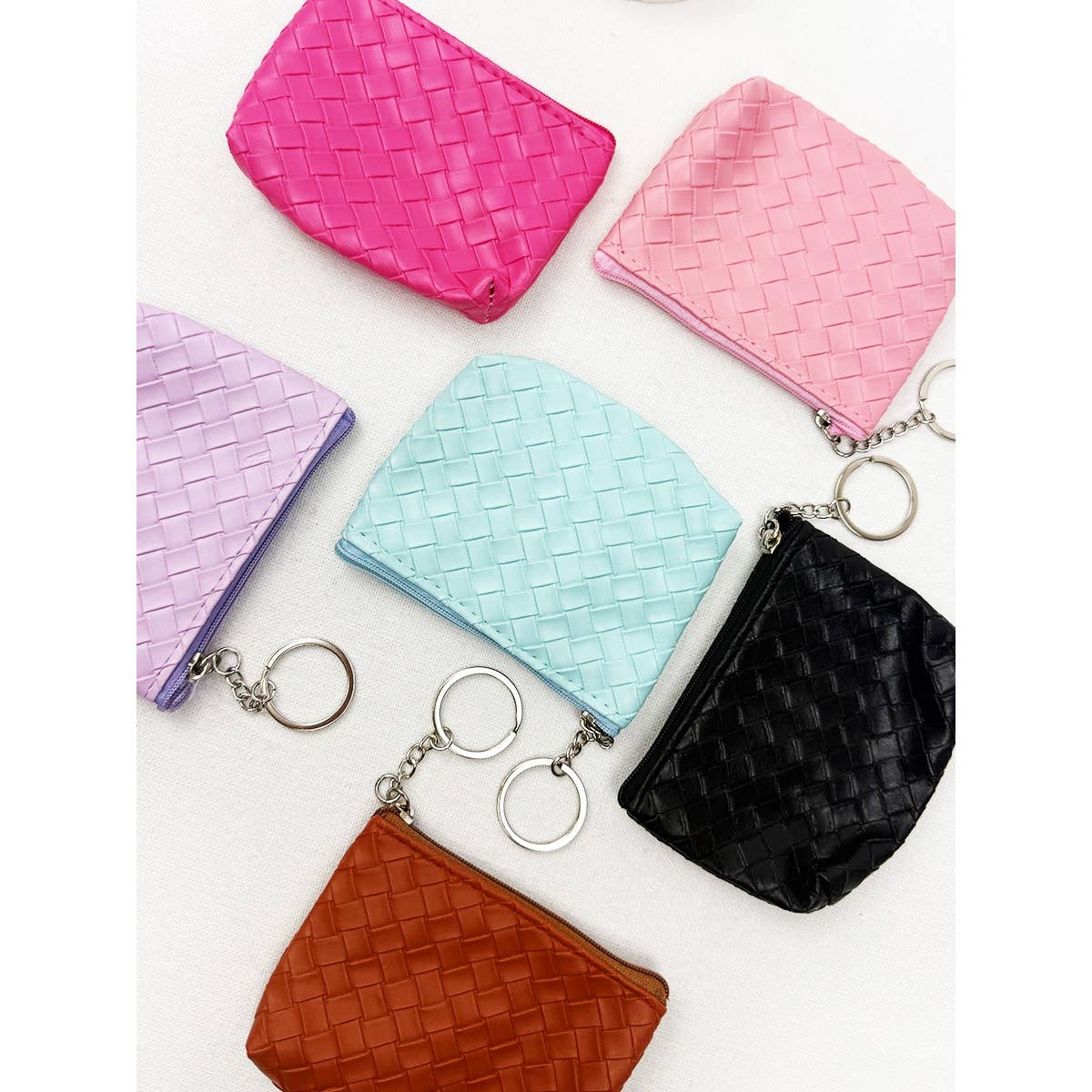 Weave Pattern Detail Coin Purse with Key Ring