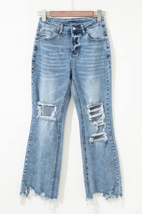 Raw Hem Ripped Flare Jeans