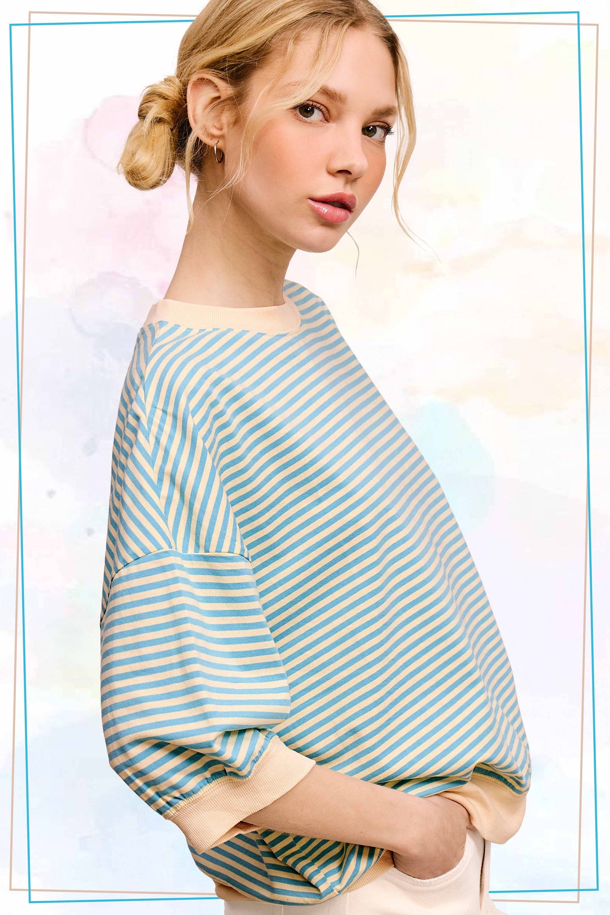 Loose Fit Striped Crew Mock Neck Top