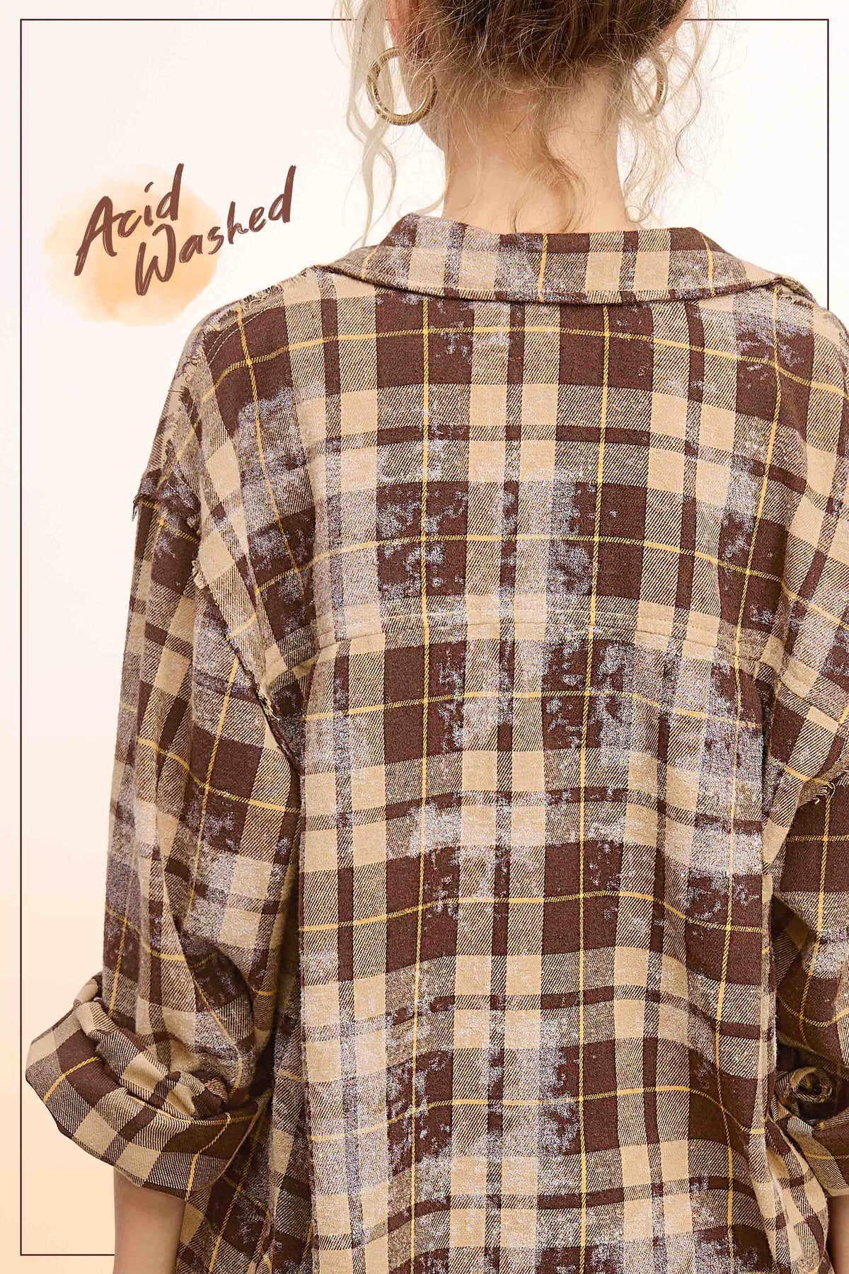 Plaid Acid Wash Rough Edge Button Down Top