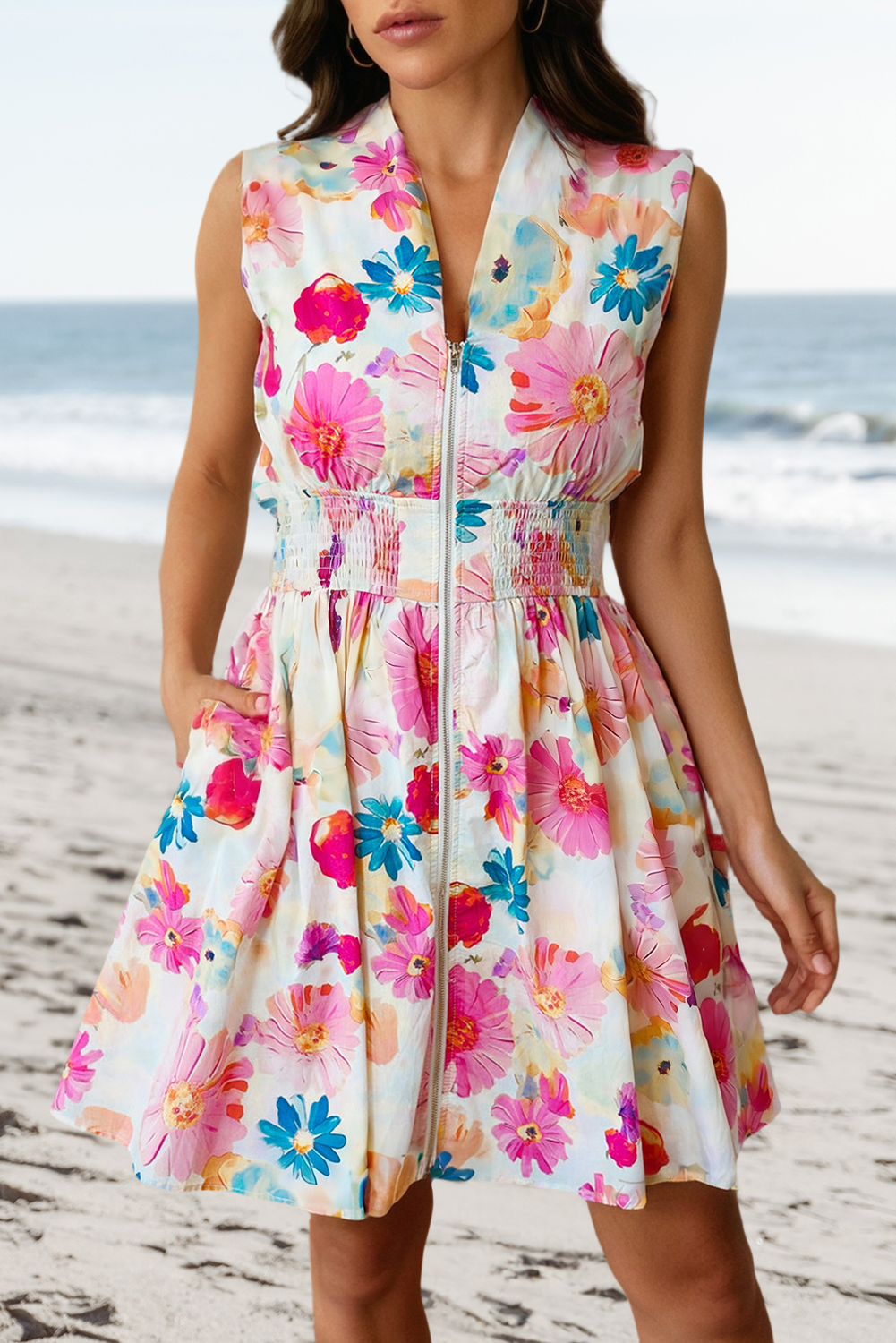 Floral Print Zip Up Smocked Waist Mini Dress