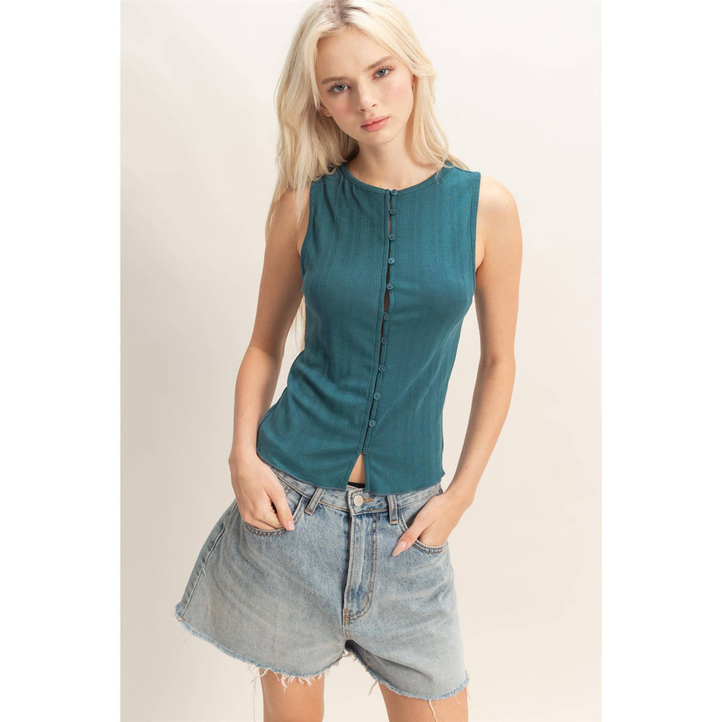 Sleeveless Pointelle Button Top