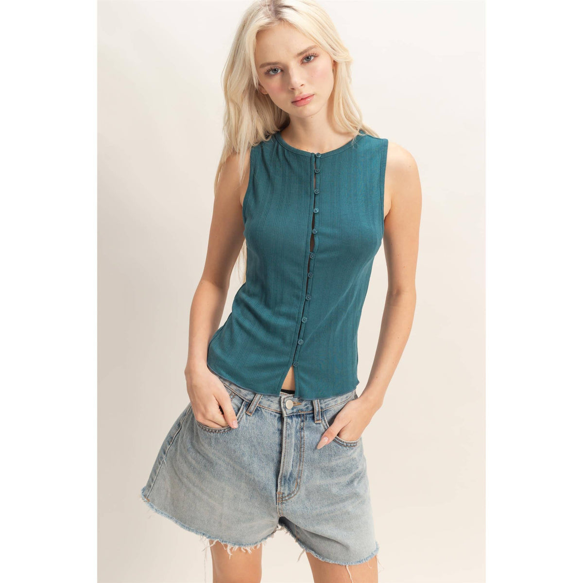 Sleeveless Pointelle Button Top