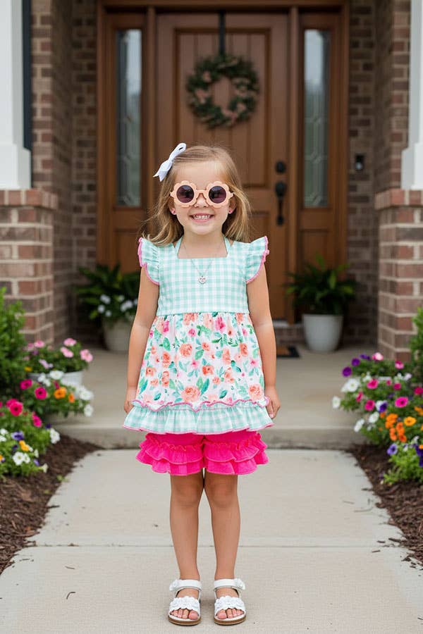Floral & checker print aqua ruffle set