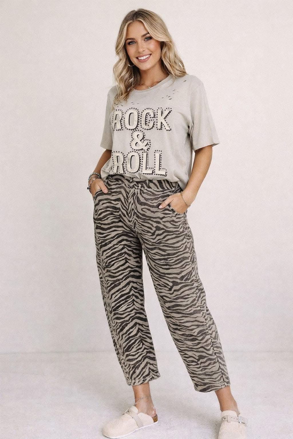 Zebra Print Wide Leg Barrel Jeans