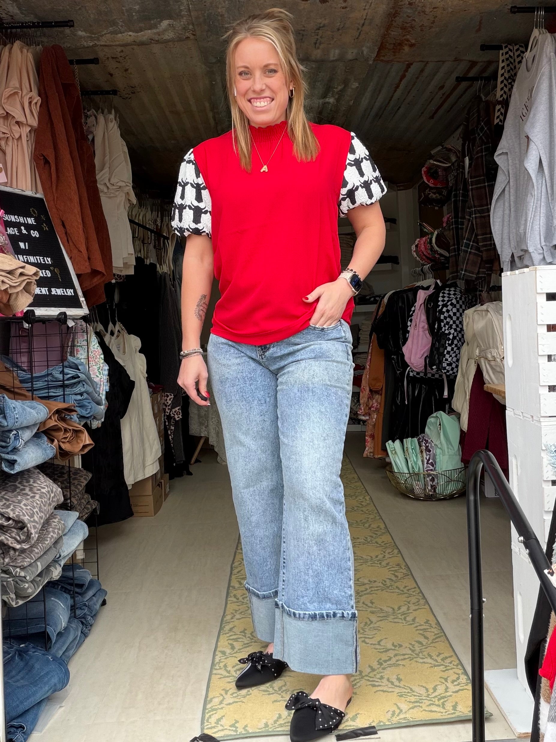 Red Bubble Sleeve Blouse