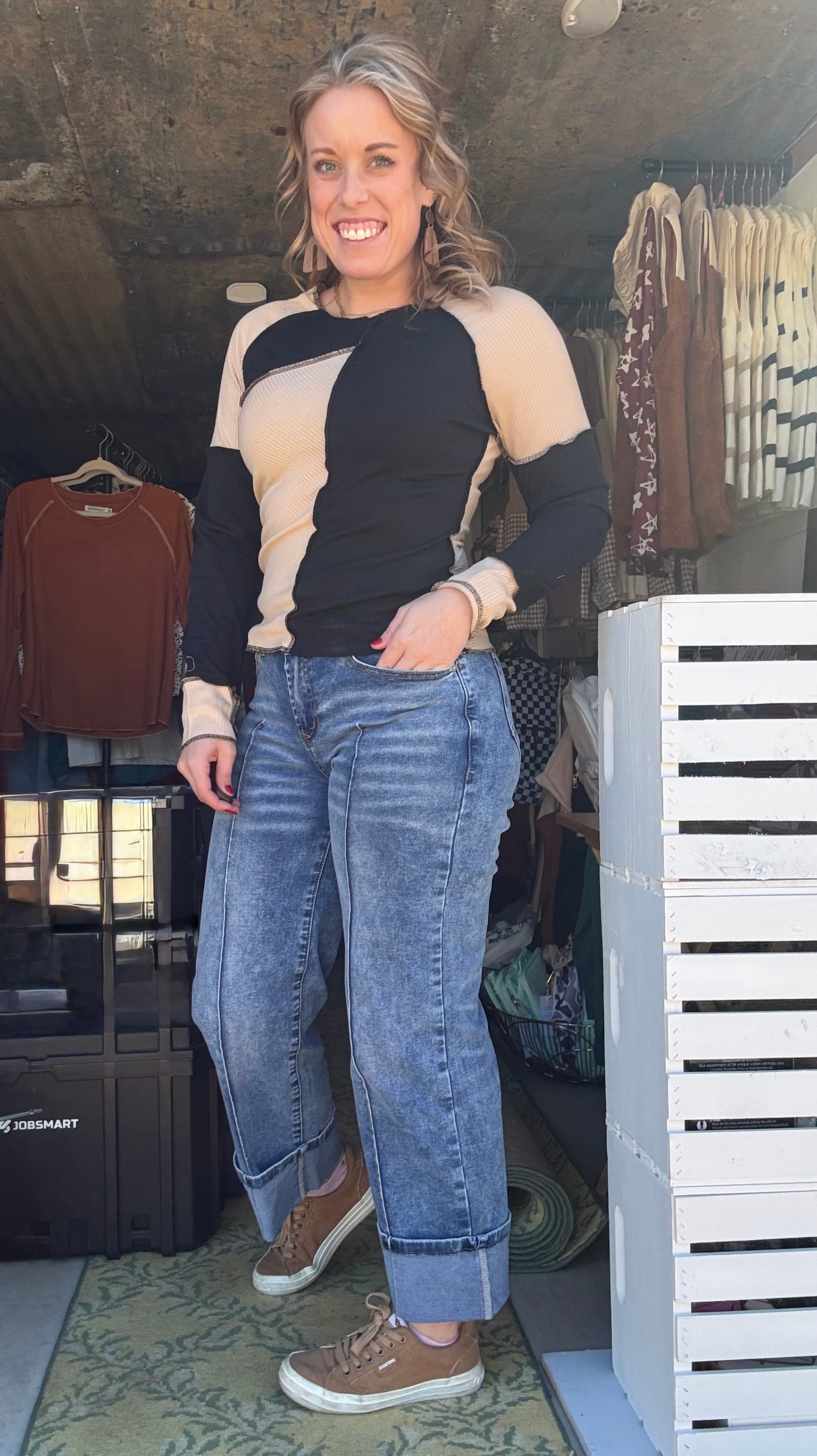 Irregular Color Block Seaming Trim Rib Knit Top