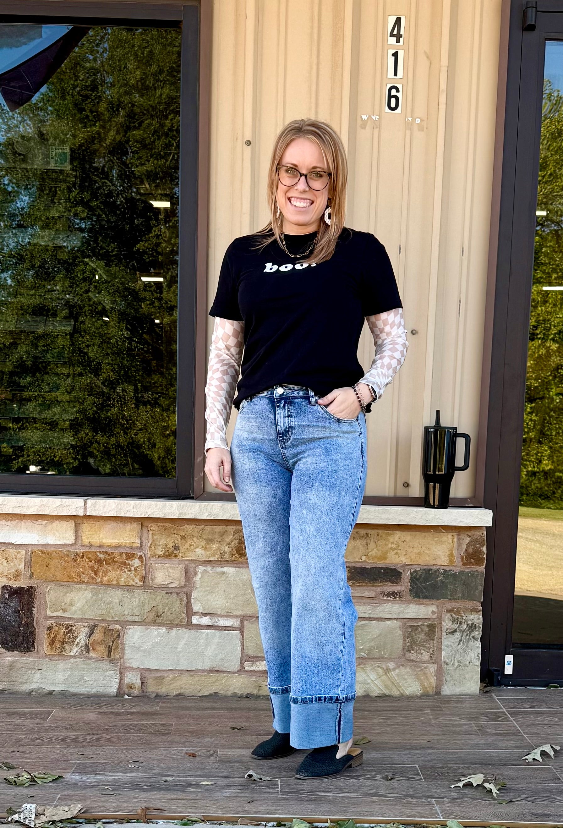 Checkered Pattern Mesh Long Sleeve Top