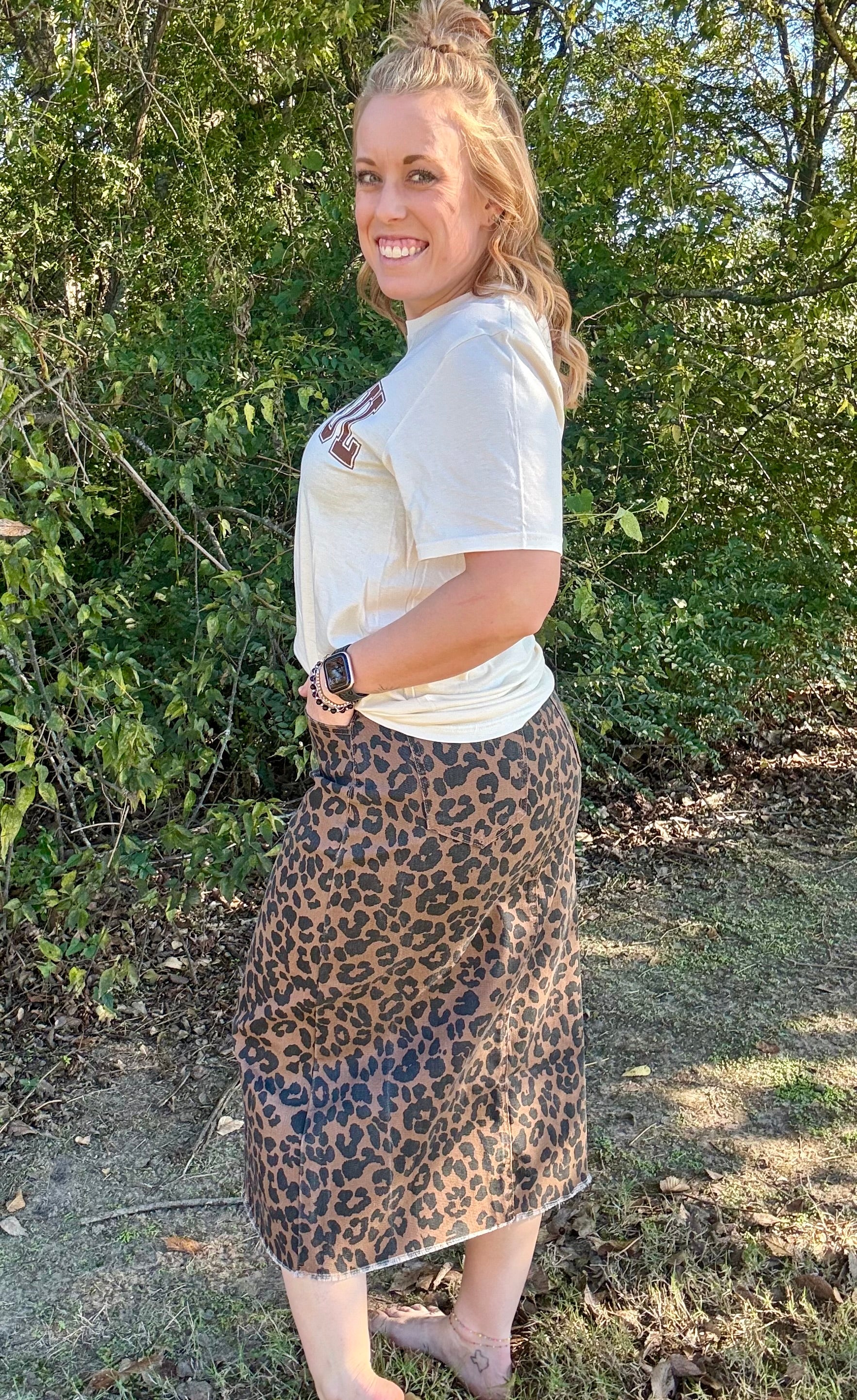 Leopard Denim Frayed Split Midi Skirt
