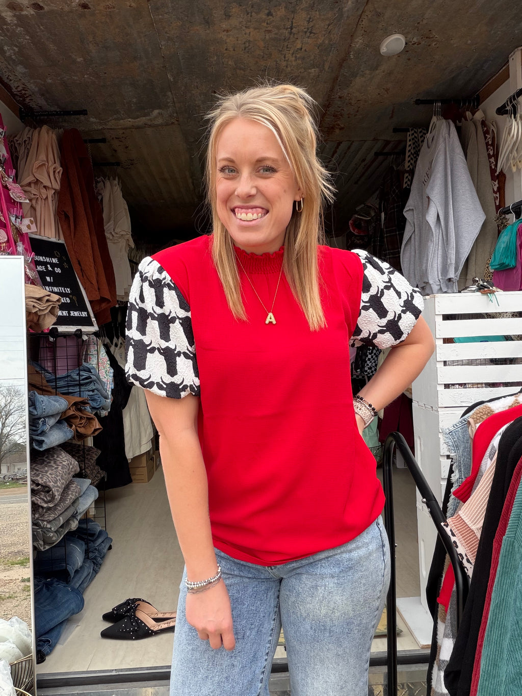 Red Bubble Sleeve Blouse