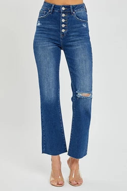 Risen HIGH RISE CROP STRAIGHT BUTTON DOWN DISTRESSED JEANS