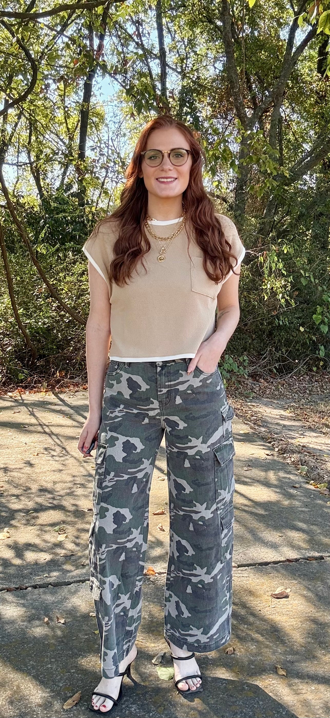 Camo Denim Cargo Wide Leg Pants