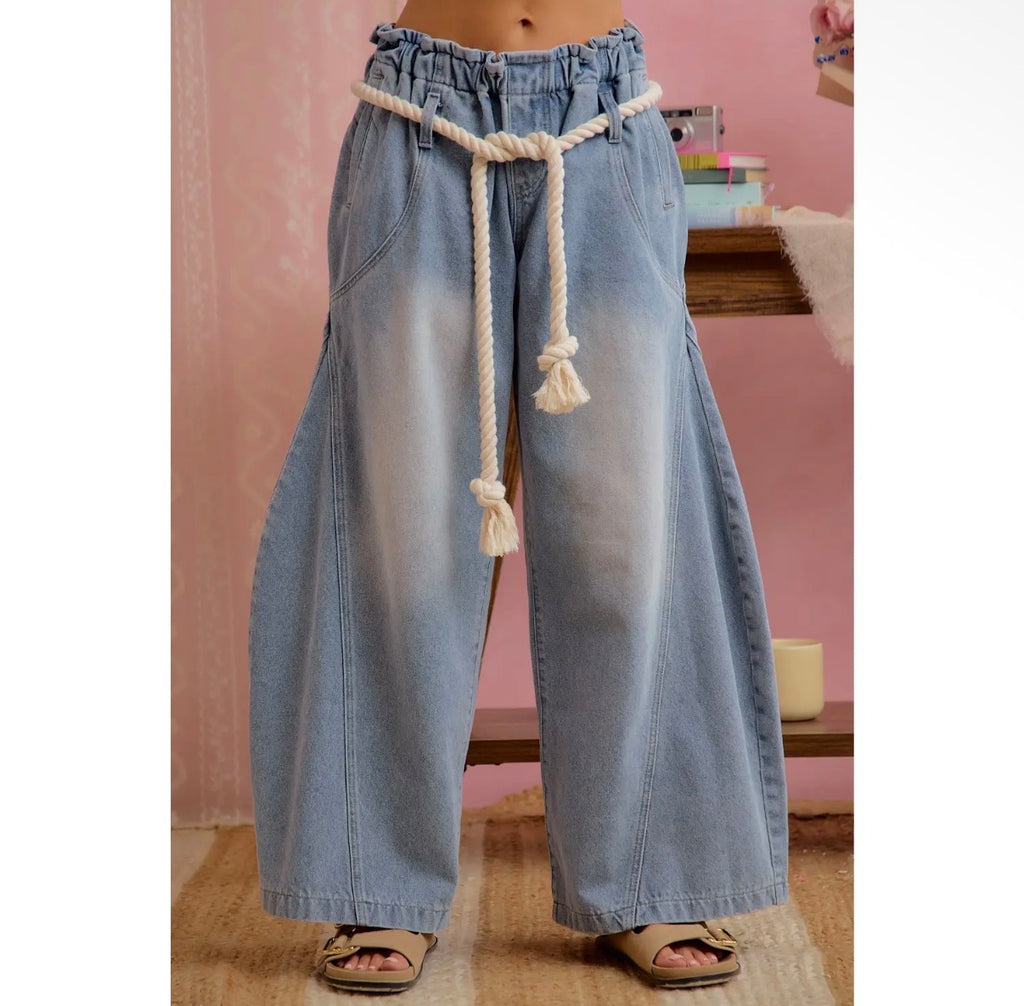 Washed Barrel Leg Gathered Elastic Waist