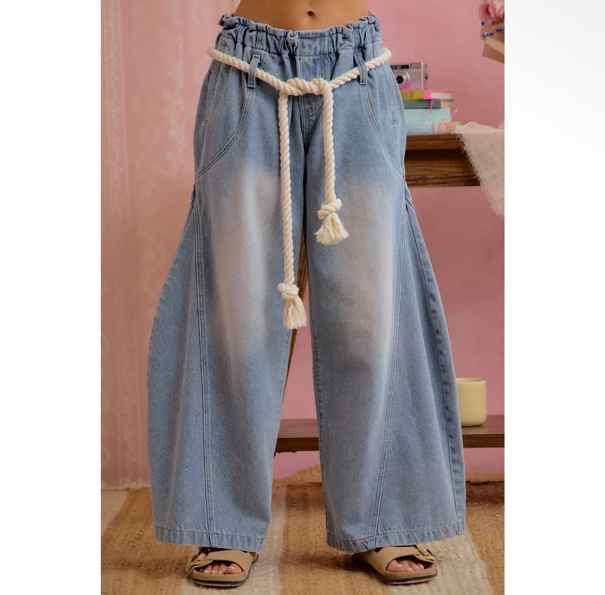 Washed Barrel Leg Gathered Elastic Waist