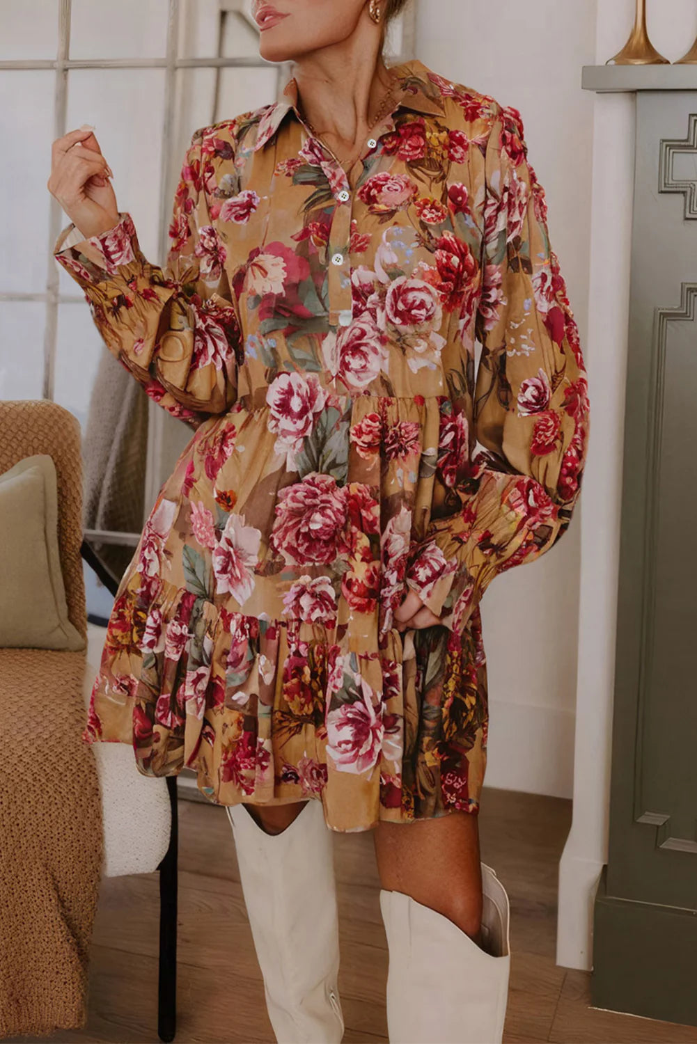 Floral Print Long Sleeve Ruffle Mini Dress