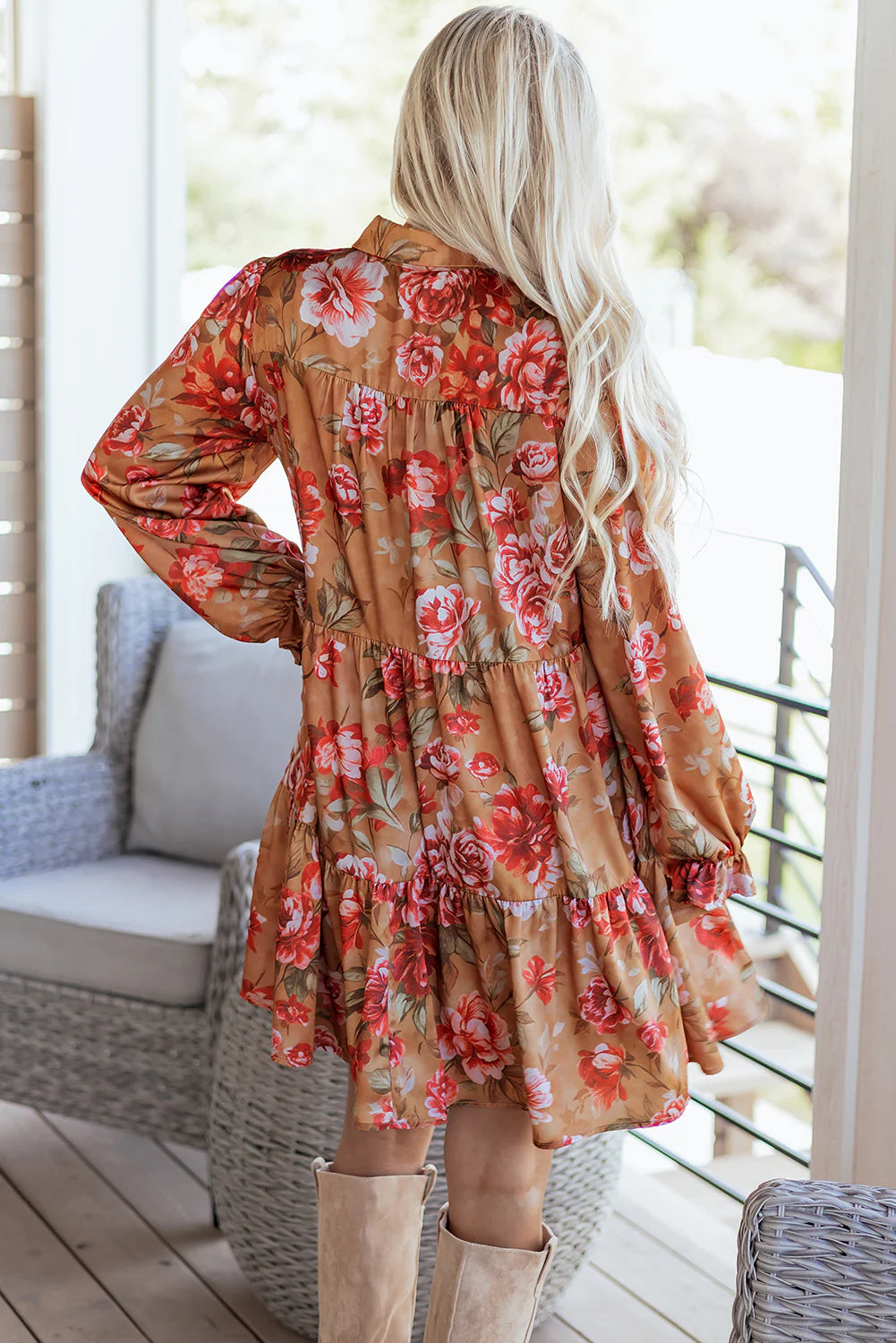 Floral Print Long Sleeve Ruffle Mini Dress