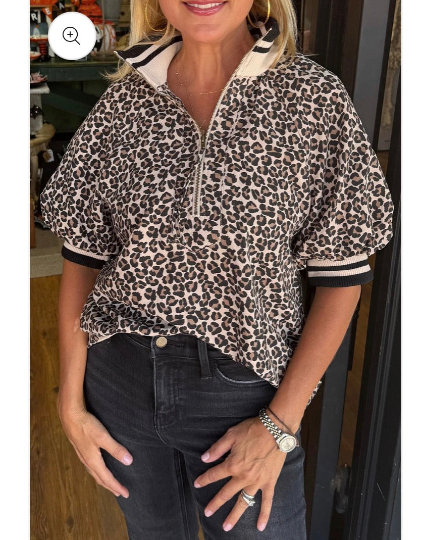Leopard Print Half Zip Short Sleeve
