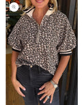 Leopard Print Half Zip Short Sleeve