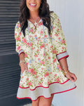 Apricot Striped Trim Puff Sleeve Mini Dress
