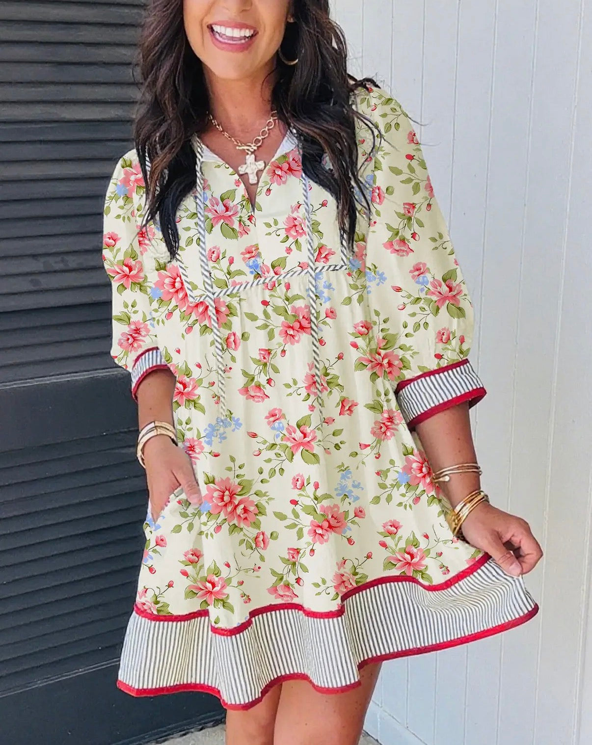 Apricot Striped Trim Puff Sleeve Mini Dress