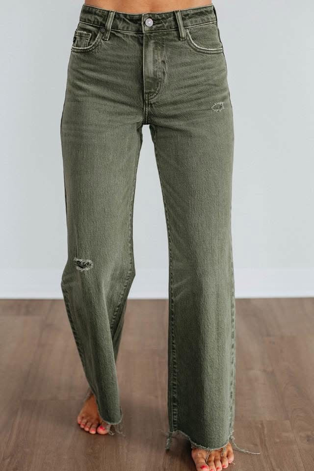Olive Green Distressed Denim