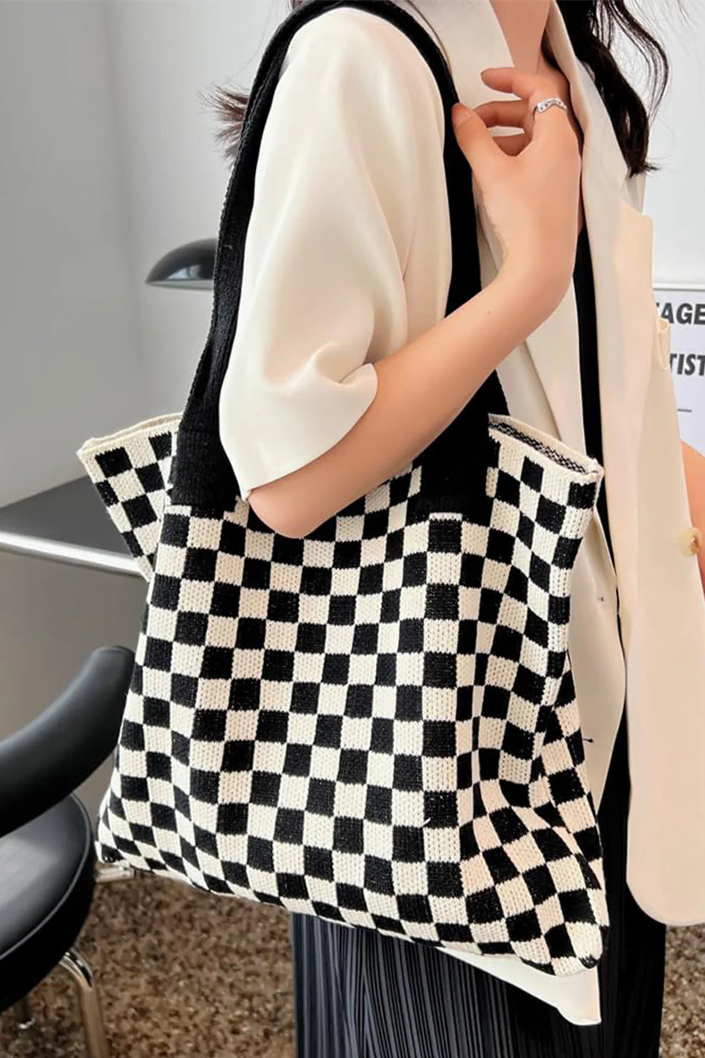 Checkered Knit Tote Bag