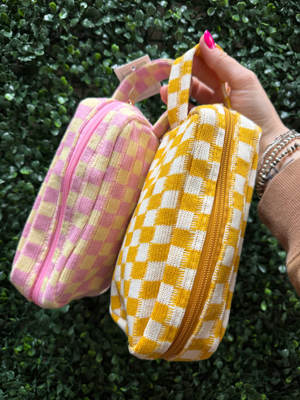Checkered Cosmetic Bag with Handle