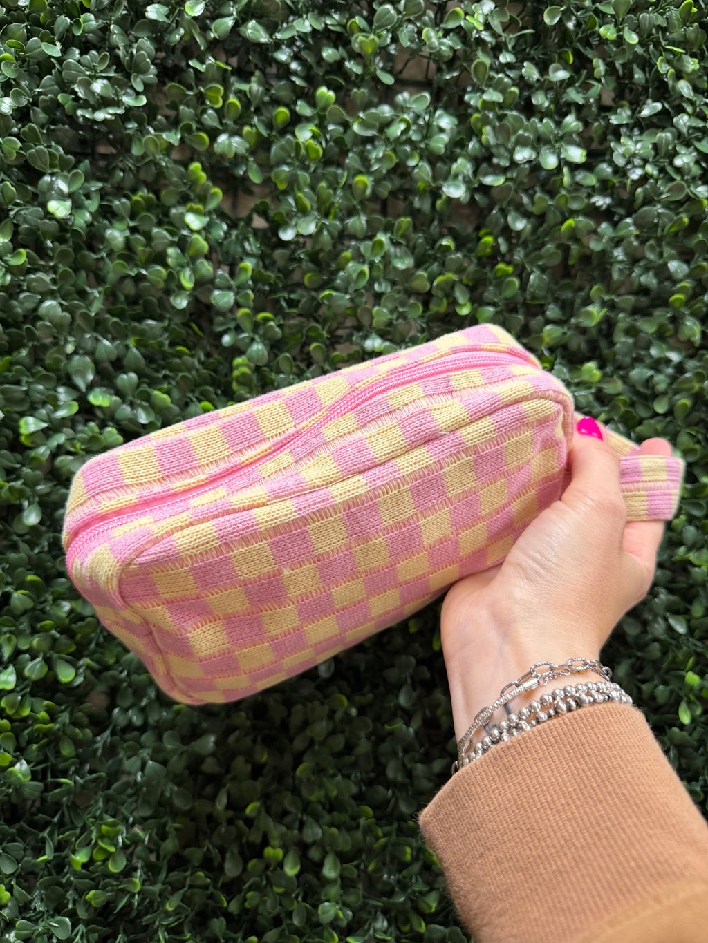 Checkered Cosmetic Bag with Handle