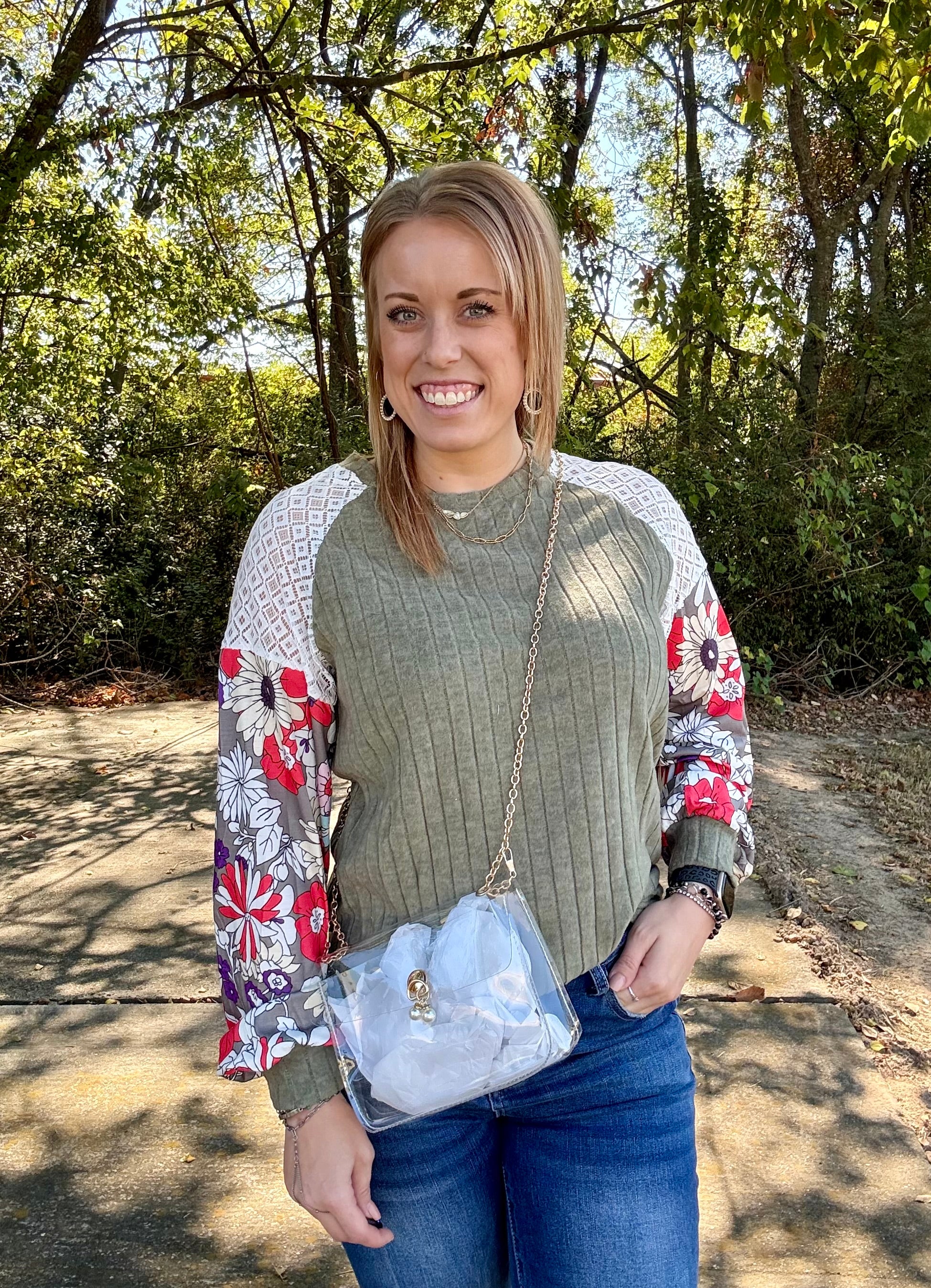 Olive Green Floral Patchwork Long Sleeve Ribbed Blouse
