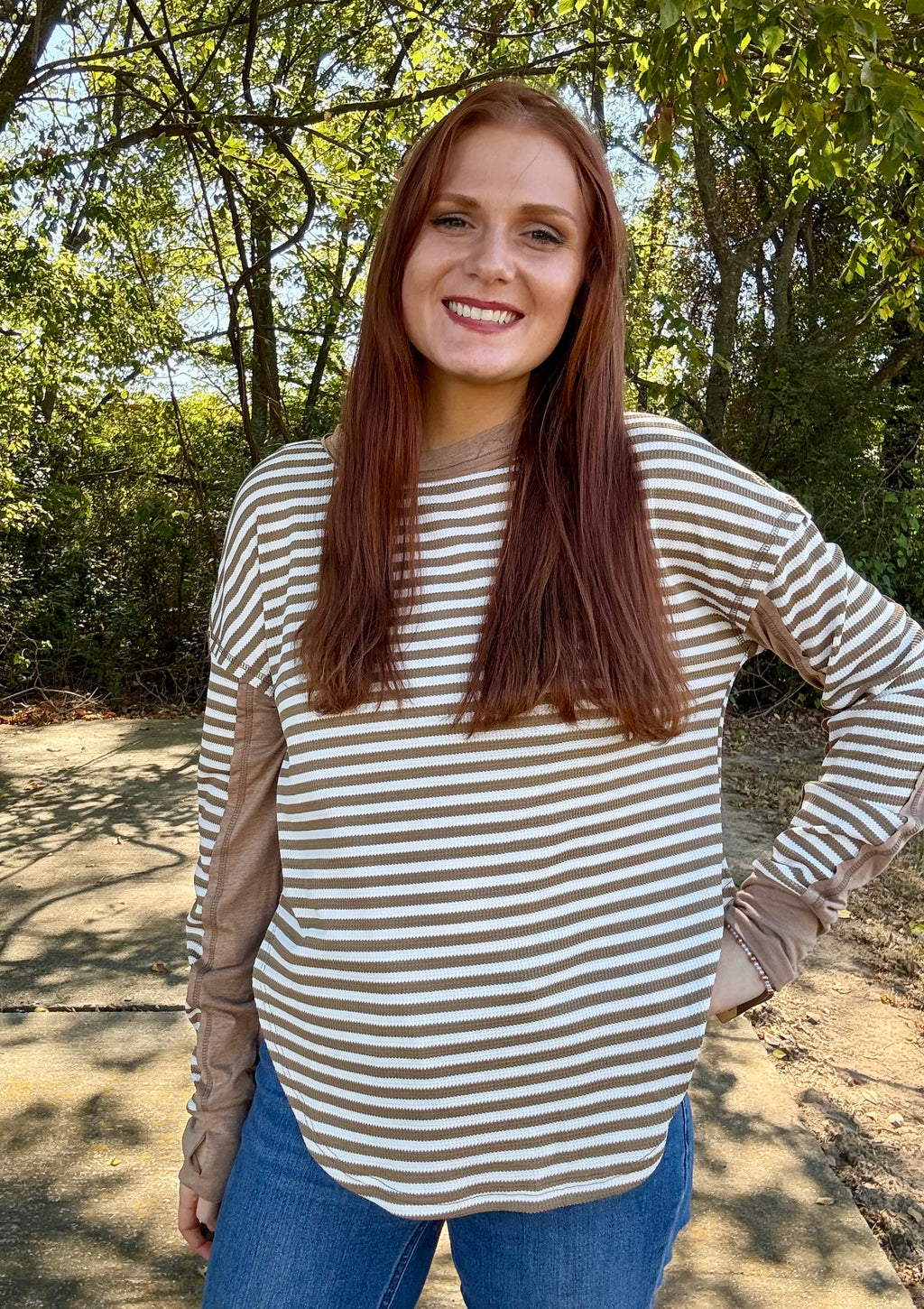 Stripe Patchwork Round Neck Long Sleeve Blouse