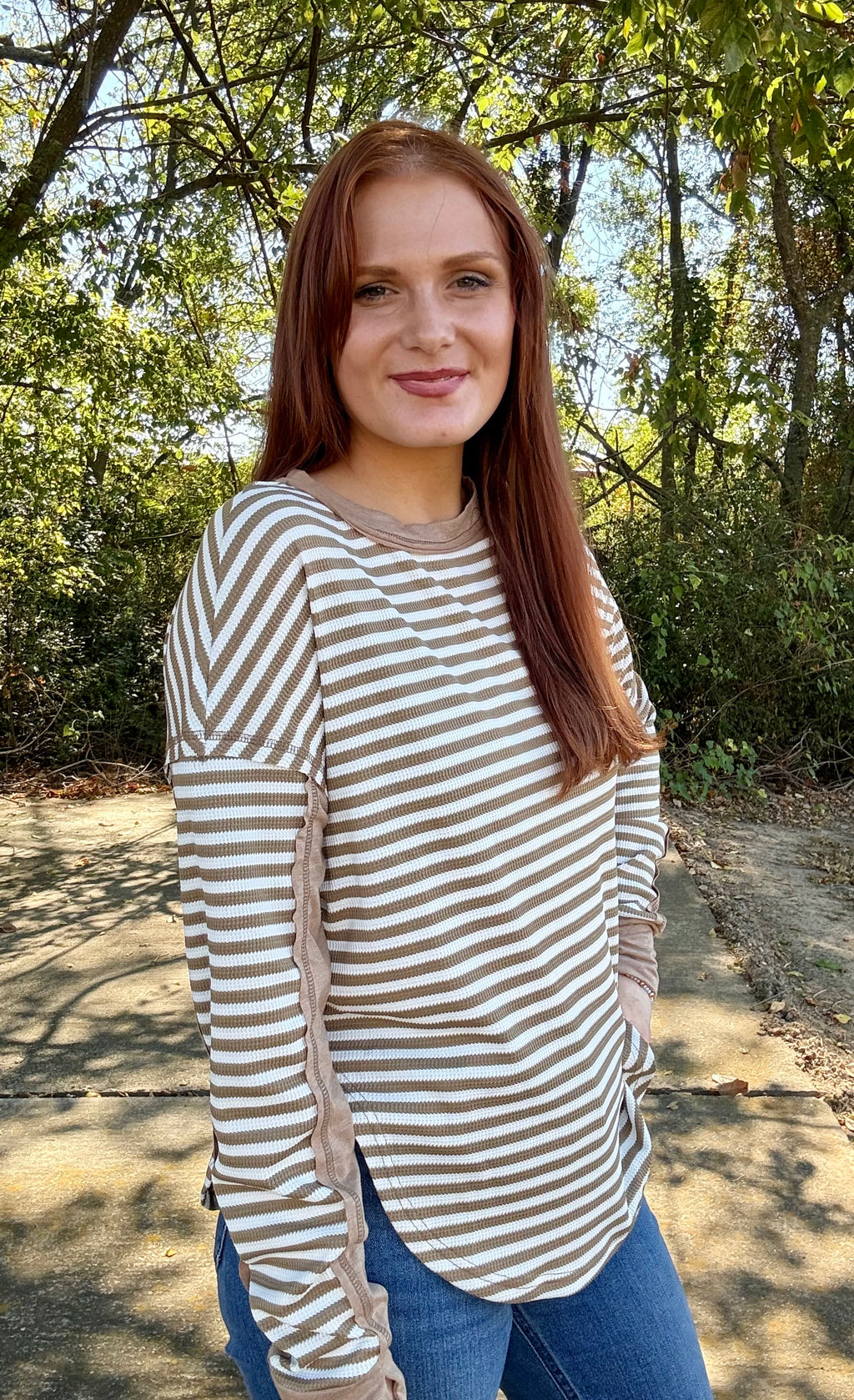 Stripe Patchwork Round Neck Long Sleeve Blouse