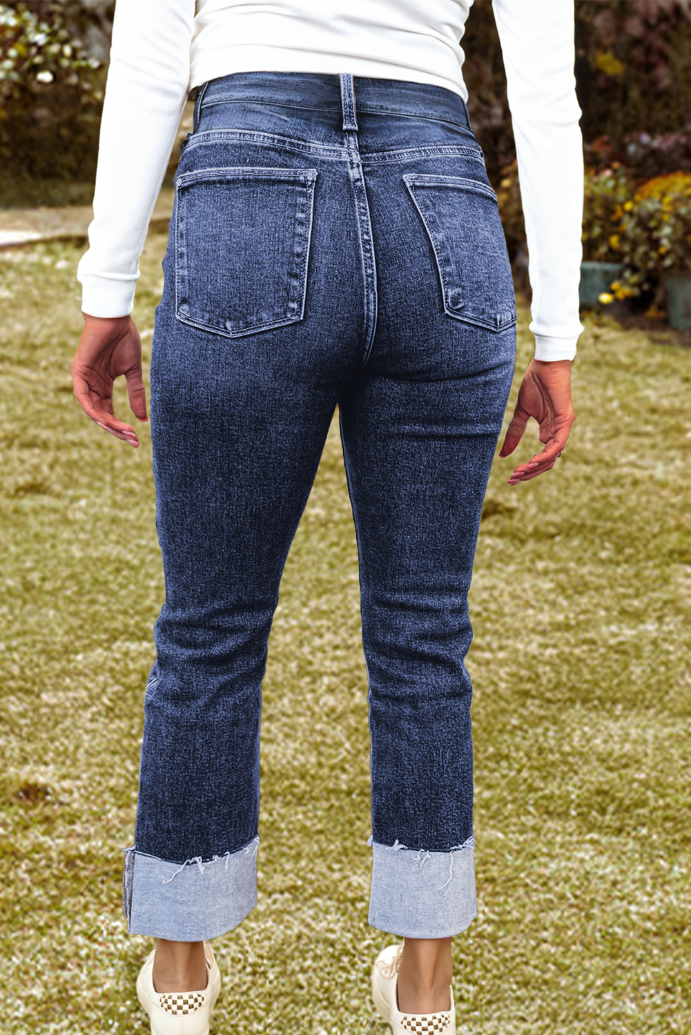 Folded Cuffs Distressed Straight Jeans