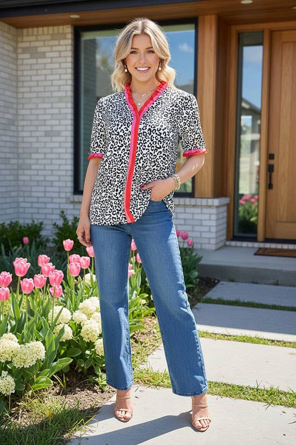 Leopard printed ruffle sleeve blouse